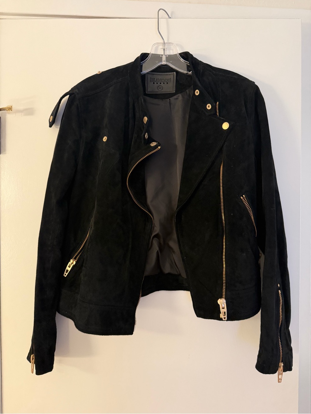 Blank NYC Black Suede Leather Moto Jacket with Gold Hardware